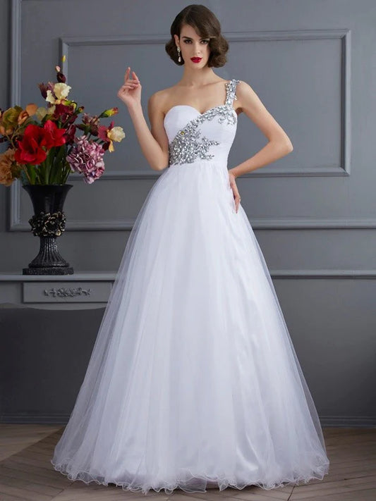 Ball Gown One-Shoulder Sleeveless Beading Long Tulle Quinceanera Dresses