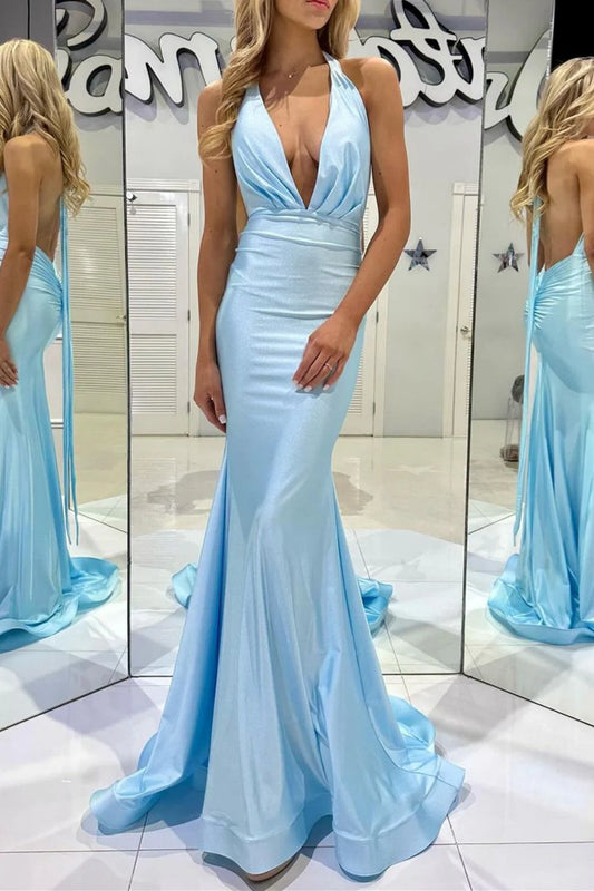 Noble fishtail neckline blue backless and floor length prom dress
