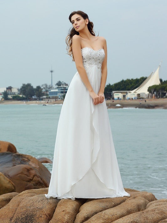 A-Line/Princess Sweetheart Beading Sleeveless Long Chiffon Beach Wedding Dresses