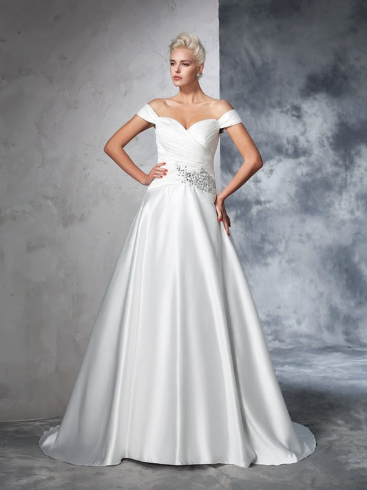 Ball Gown Off-the-Shoulder Ruched Sleeveless Long Satin Wedding Dresses