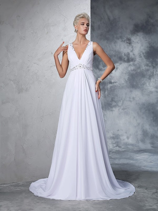 A-Line/Princess V-neck Beading Sleeveless Long Chiffon Wedding Dresses