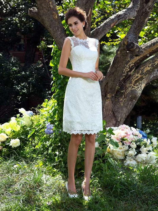 A-Line/Princess Sheer Neck Applique Sleeveless Short Satin Wedding Dresses