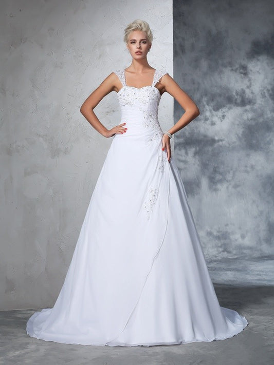 Ball Gown Straps Applique Sleeveless Long Chiffon Wedding Dresses