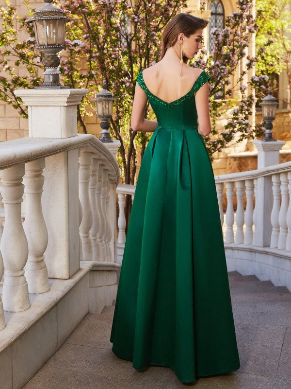 A-shaped sequin off shoulder sleeveless and floor length satin evening dress