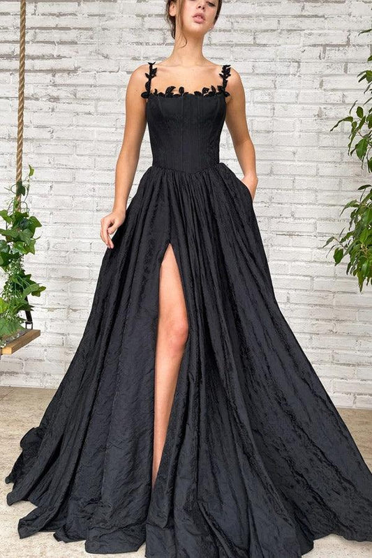 A Line Black Taffeta Split Long Prom Evening Dress With Pockets