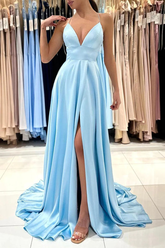 Blue V-Neck Satin Long Prom Dress Simple A-Line Evening Dress