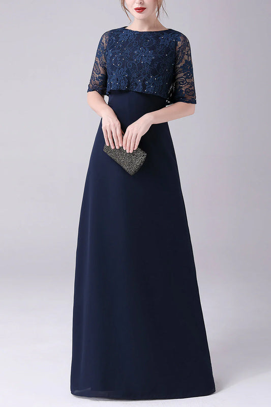 Navy blue short sleeved A-line chiffon to floor length mother of the bride dress