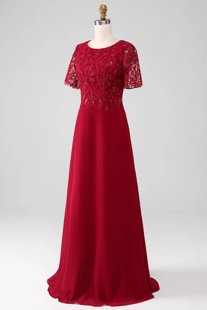 Wine red A-shaped round neck with shiny sequin stickers for the bride's mother of bride dresses