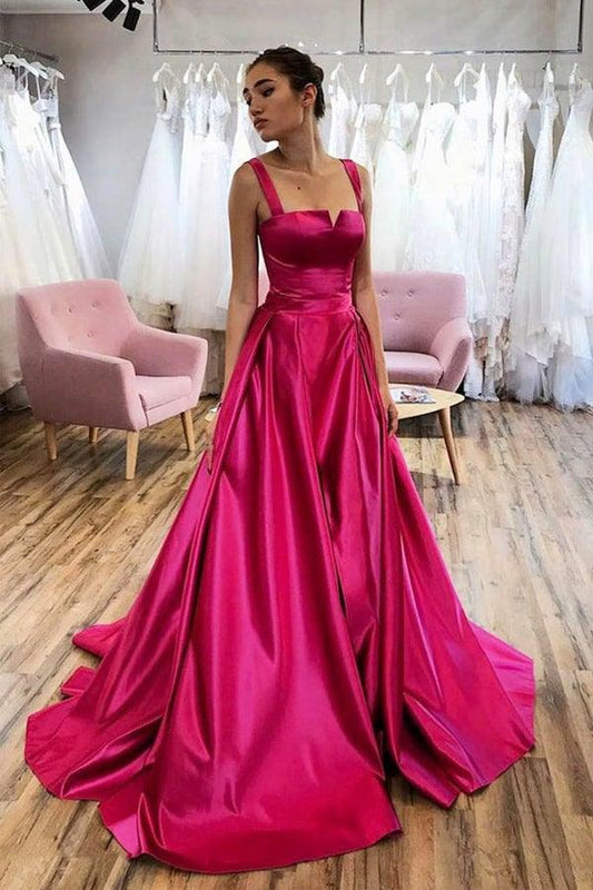 Hot Pink A-line Satin Long Prom Dress Court Train Evening Dress
