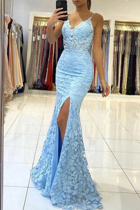 Mermaid V Neck Backless Blue Lace Long Prom Evening Dress
