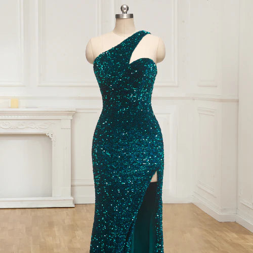 Sparkling shoulder sequin slit and floor length prom dress