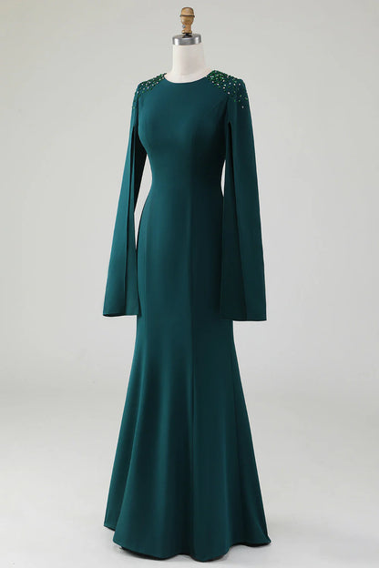 Dark green beaded cape sleeve fishtail round neck dress mother of bride dresses
