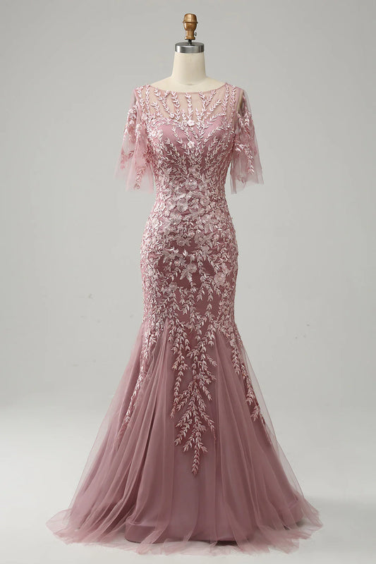 Grey pink fishtail sheer lace mother of the bride dress