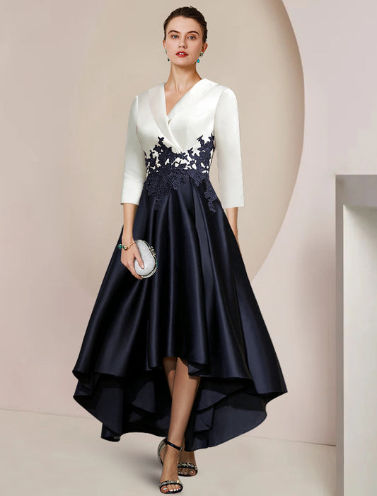 A-Line Mother of the Bride Dress Formal Wedding Guest Elegant High Low Shirt Collar Asymmetrical Tea Length Satin Lace 3/4 Length Sleeve with Appliques Color Block