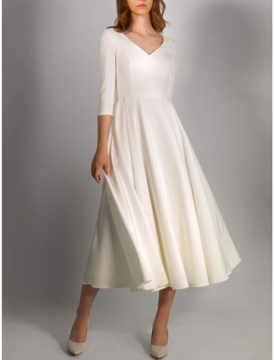 Little White Dresses Wedding Dresses A-Line V Neck Half Sleeve Tea Length Satin Bridal Gowns With Pleats Solid Color