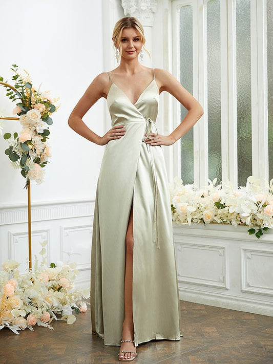 A-Line/Princess Silk like Satin V-neck Sleeveless Floor-Length Bridesmaid Dresses