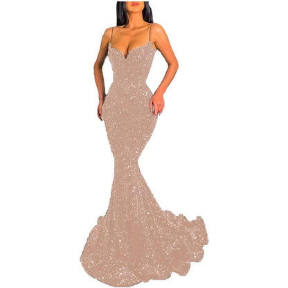 Sequin Mermaid Ball Dress Sparkling V-neck Italian Noodle Strap Prom Dress