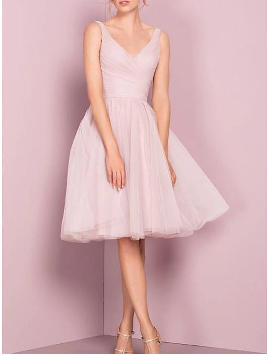 A-Line Cocktail Dresses Flirty Dress Homecoming Graduation Knee Length Sleeveless V Neck Pink Dress Tulle with Pleats