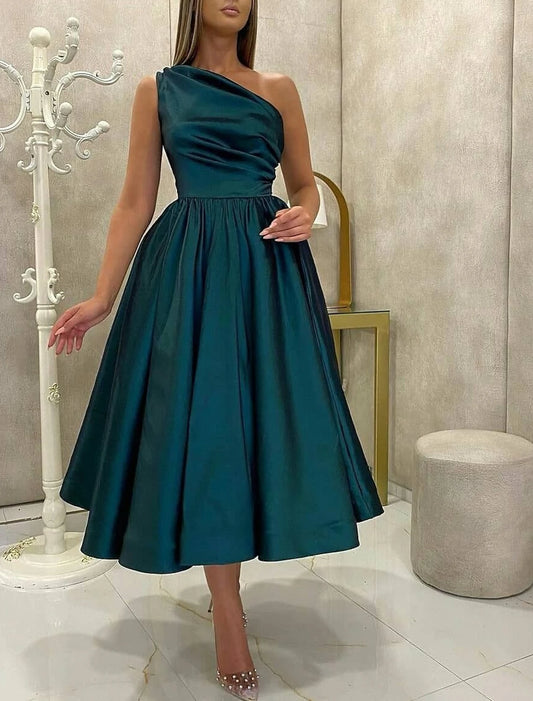 A-Line Cocktail Dresses High Split Dress Prom Birthday Tea Length Sleeveless One Shoulder Fall Wedding Guest Satin with Slit Pure Color