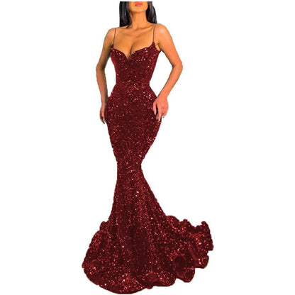 Sequin Mermaid Ball Dress Sparkling V-neck Italian Noodle Strap Prom Dress