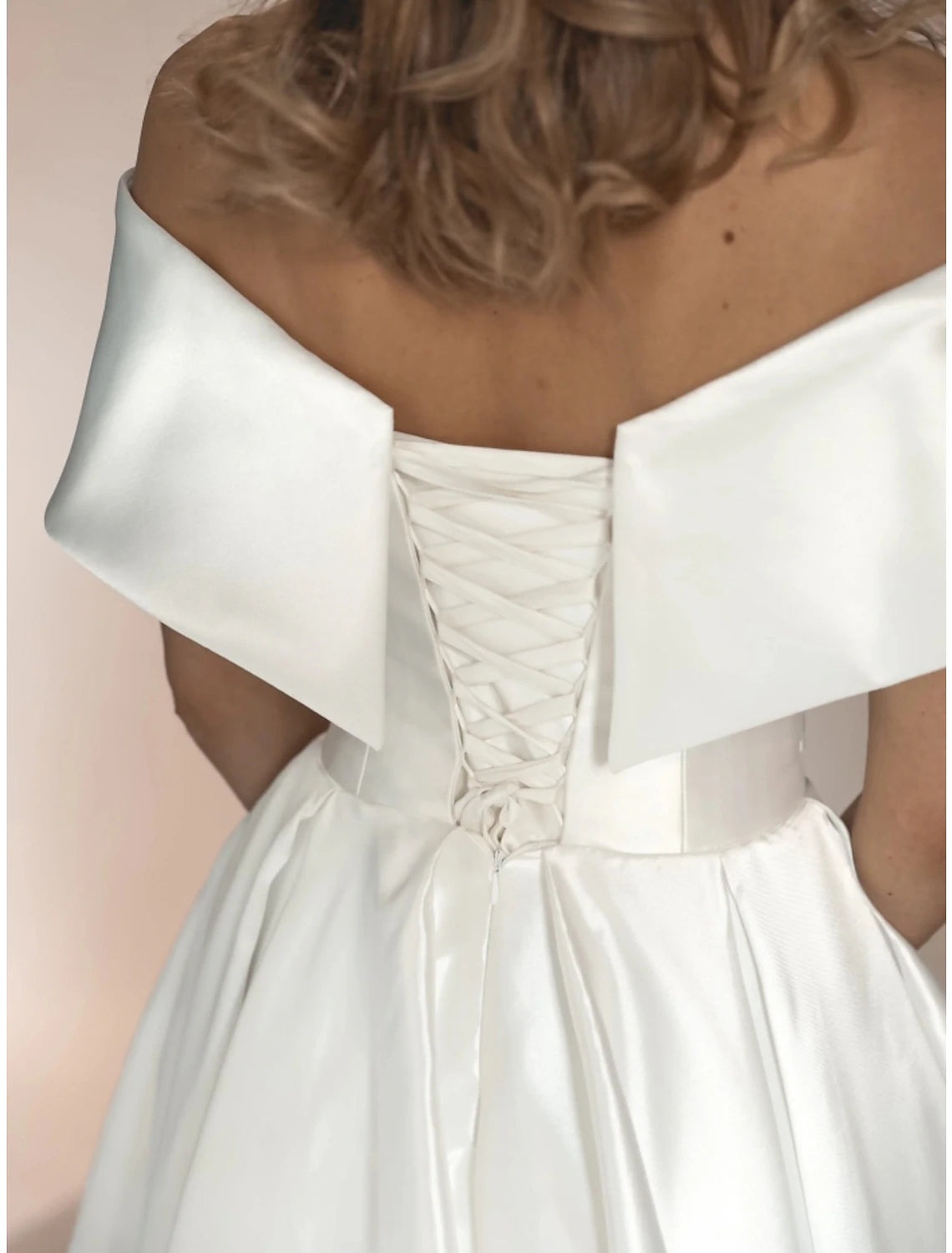 Casual Wedding Dresses A-Line Off Shoulder Short Sleeve Ankle Length Satin Bridal Gowns With Pleats Solid Color
