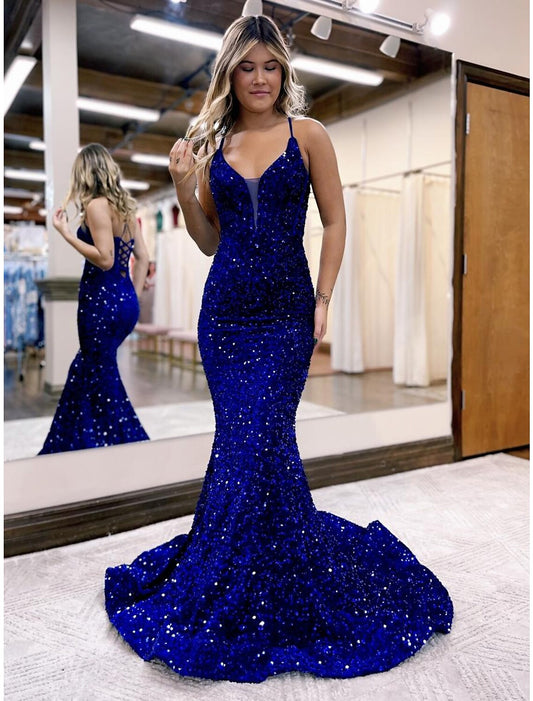 Mermaid / Trumpet Evening Gown Sparkle & Shine Dress Formal Prom Court Train Sleeveless V Neck Sequined Backless with Sequin