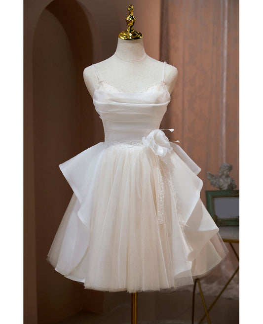 Elegant and Sexy Ivory Fine Shoulder Strap Sleeveless Sticker Party Dress Ivory Princess Fold Short sheer Party Dress