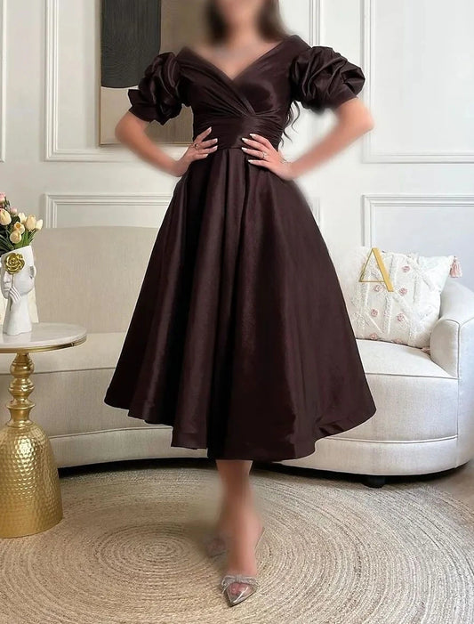 A-Line Cocktail Dresses Elegant Dress Formal Prom Tea Length Short Sleeve Sweetheart Satin with Ruched