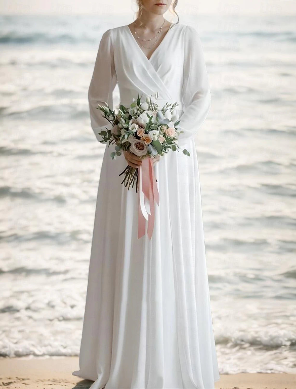 Beach Little White Dresses Wedding Dresses A-Line V Neck Long Sleeve Floor Length Chiffon Bridal Gowns With Sash / Ribbon Pleats