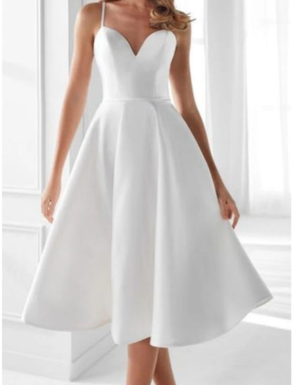Hall Little White Dresses Wedding Dresses A-Line Camisole Sleeveless Tea Length Satin Bridal Gowns With Pleats Solid Color