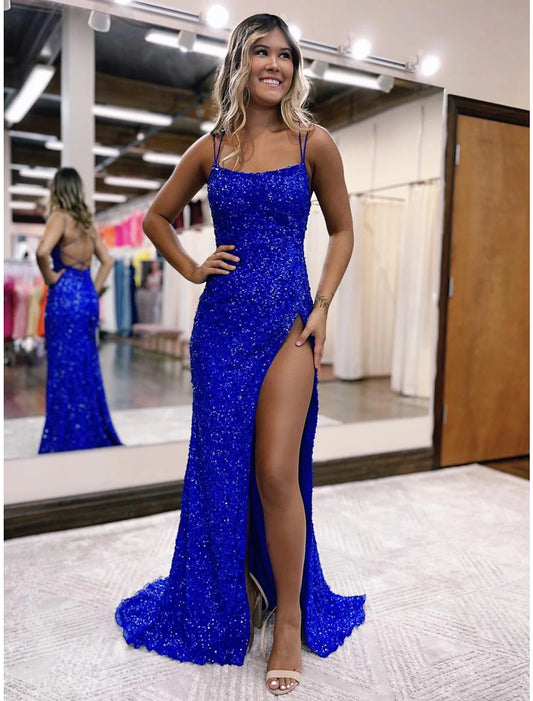 Mermaid / Trumpet Prom Dresses Sparkle & Shine Dress Formal Wedding Party Sweep / Brush Train Sleeveless Spaghetti Strap Sequined Backless with Sequin Slit
