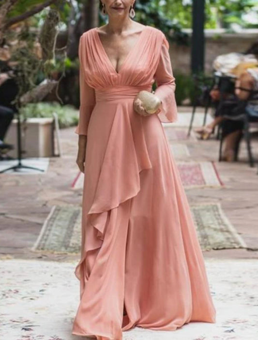 A-Line Mother of the Bride Dress Formal Wedding Guest Elegant V Neck Floor Length Chiffon 3/4 Length Sleeve with Pleats Ruffles