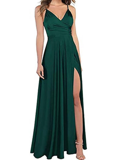 A-Line Evening Gown Red Green Dress Wedding Guest Prom Floor Length Sleeveless Spaghetti Strap Bridesmaid Dress Satin with Slit