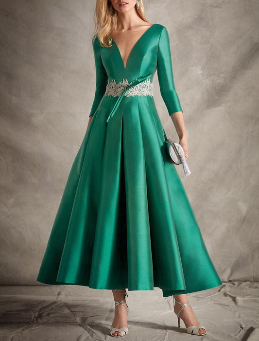 A-Line Cocktail Dresses Elegant Dress Formal Asymmetrical 3/4 Length Sleeve V Neck Satin with Embroidery