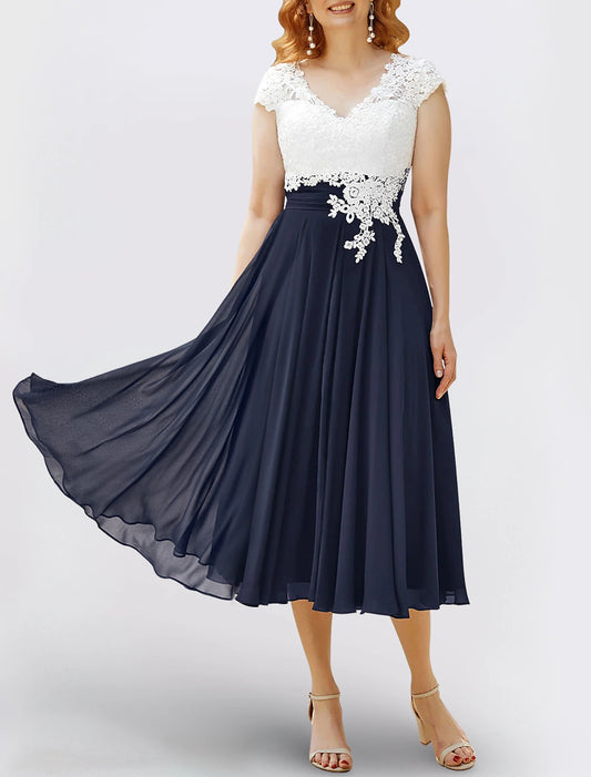 A-Line Mother of the Bride Dress Formal Wedding Guest Elegant Scoop Neck V Neck Tea Length Chiffon Sequined Cap Sleeve with Lace Pleats Appliques