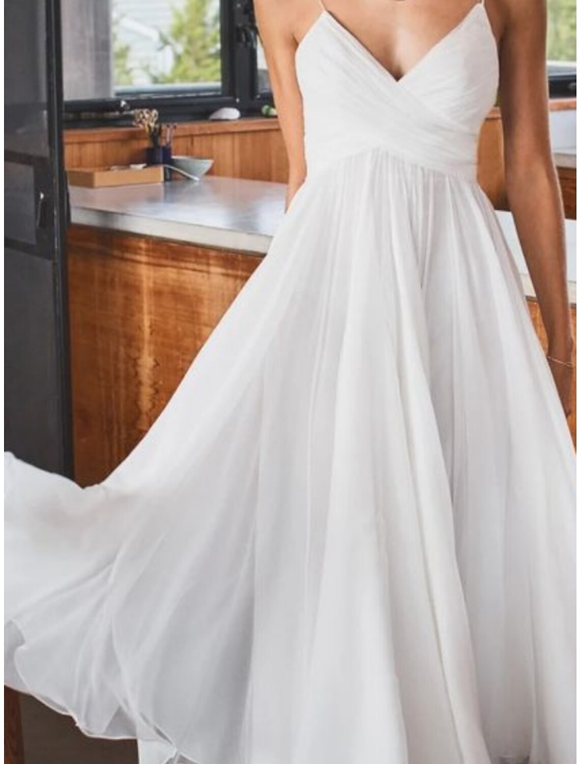 Simple Wedding Dresses Wedding Dresses A-Line V Neck Long Sleeve Tea Length Chiffon Bridal Gowns With Pleats Solid Color