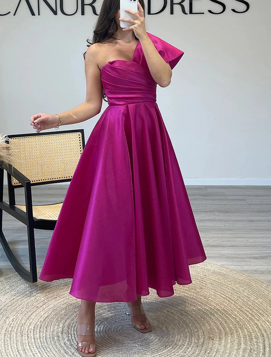A-Line Cocktail Dresses Elegant Dress Formal Prom Ankle Length 3/4 Length Sleeve One Shoulder Satin with Ruched