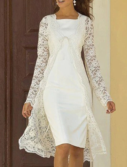Two Piece Sheath / Column Mother of the Bride Dress Wedding Guest Church Elegant Square Neck Knee Length Chiffon Lace Sleeveless Jacket Dresses with Solid Color