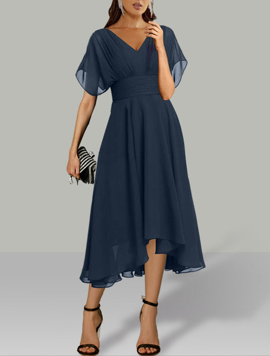 A-Line Wedding Guest Dresses Elegant Dress Holiday Fall Tea Length Short Sleeve V Neck Chiffon with Ruched
