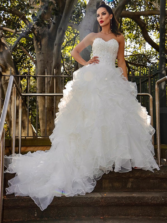 Ball Gown Organza Sleeveless Sequin Sweetheart Chapel Train Wedding Dresses