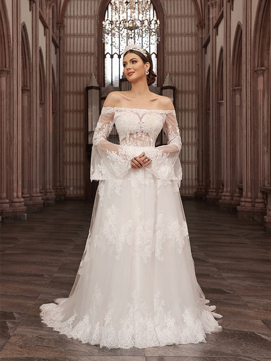 A-Line/Princess Off-the-Shoulder Tulle Long Sleeves Applique Sweep/Brush Train Wedding Dresses