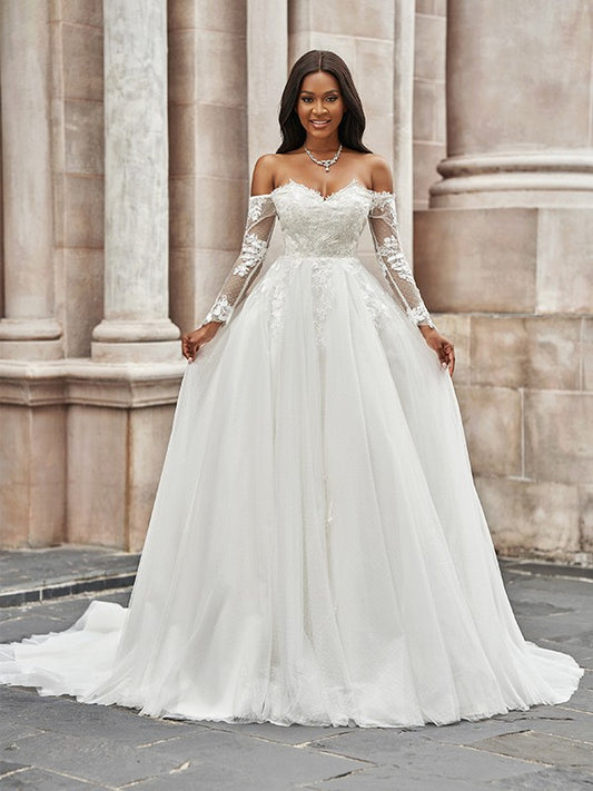 A-Line/Princess Tulle Applique Off-the-Shoulder Long Sleeves Sweep/Brush Train Wedding Dresses