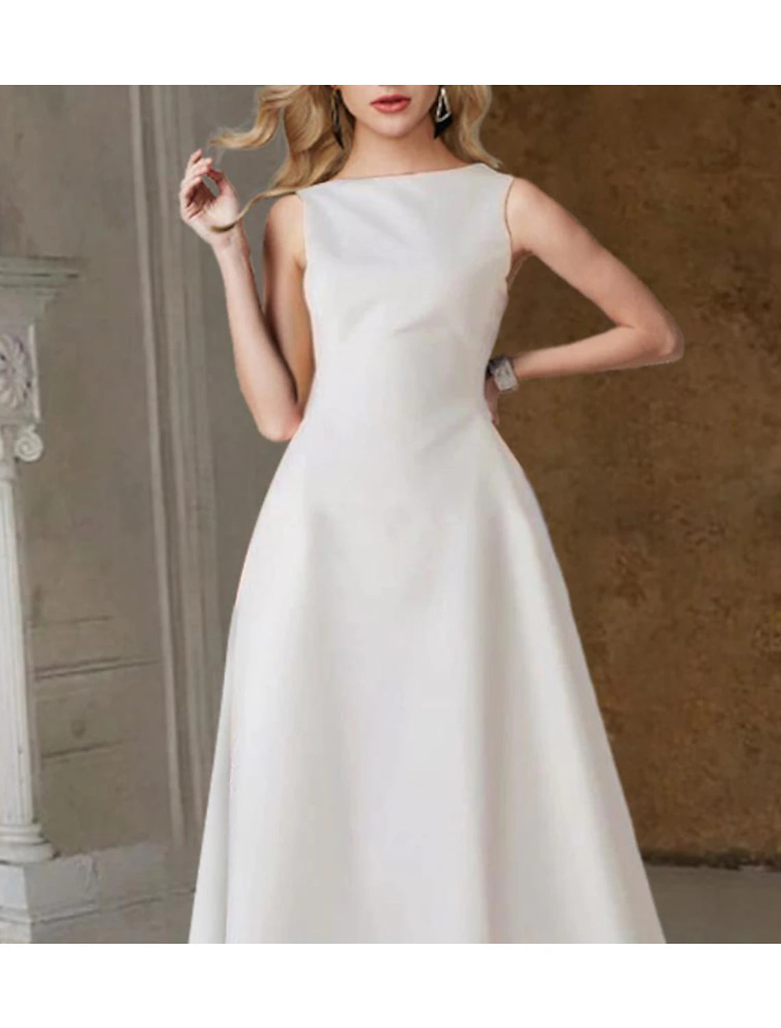 Bridal Shower Vintage Simple Wedding Dresses Wedding Dresses Sheath / Column Square Half Sleeve Tea Length Satin Bridal Gowns With Solid Color