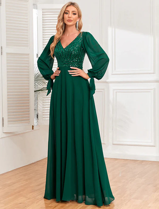 A-Line Evening Gown Empire Dress Evening Party Floor Length Long Sleeve V Neck Fall Wedding Guest Chiffon V Back with Sequin