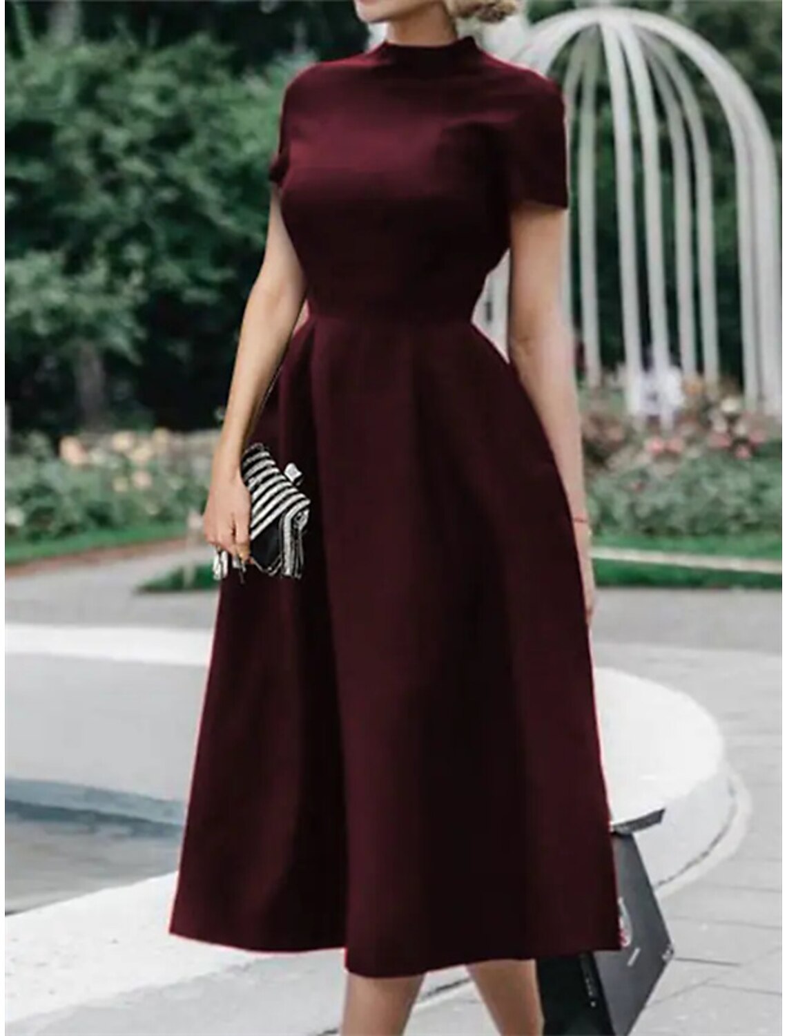 A-Line Wedding Guest Dresses Minimalist Dress Party Dress Wedding Party Tea Length Short Sleeve High Neck Stretch Satin with Pleats Pure Color