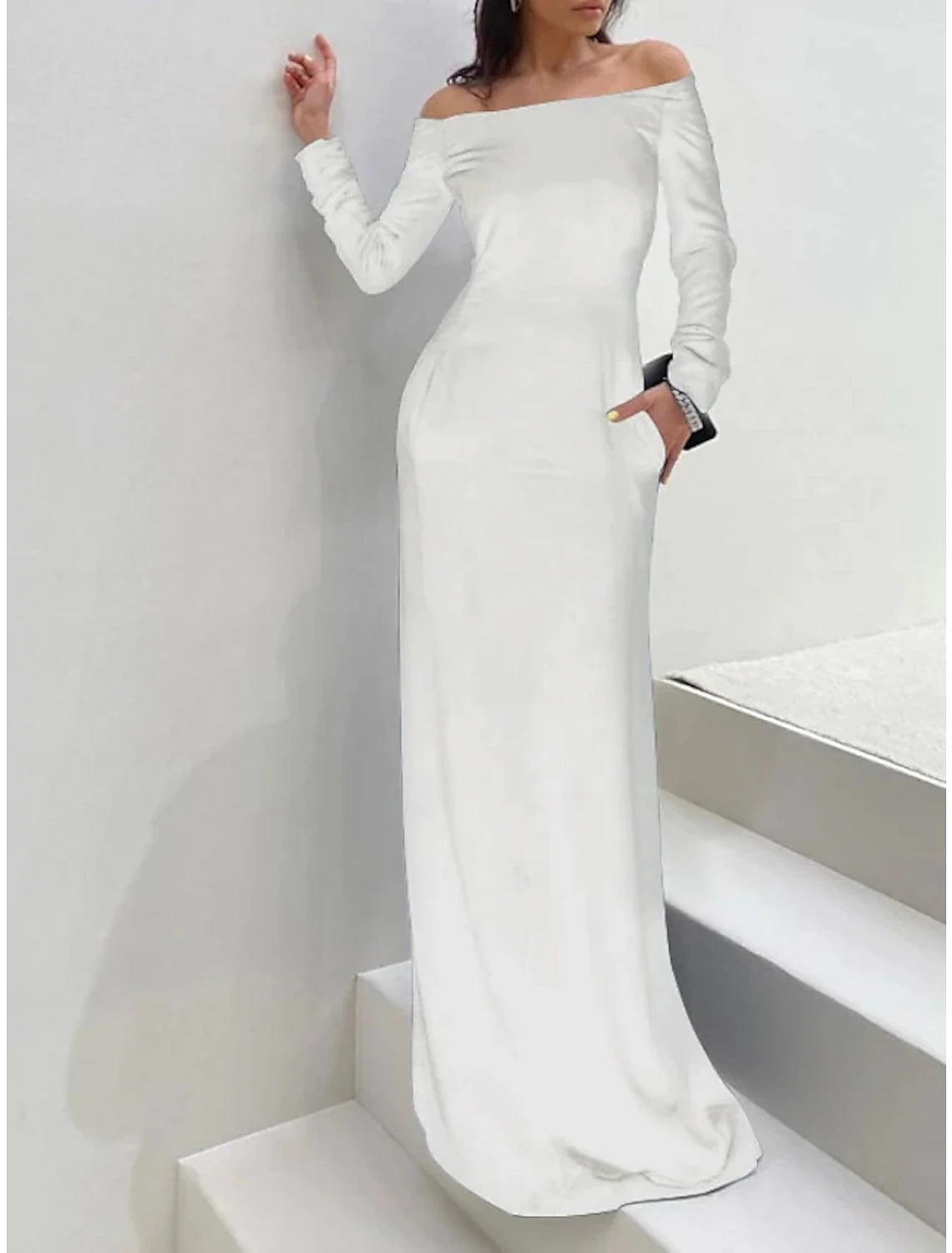 Sheath / Column Wedding Guest Dresses Elegant Dress Formal Black Tie Gala Floor Length Long Sleeve Off Shoulder Velvet with Pure Color
