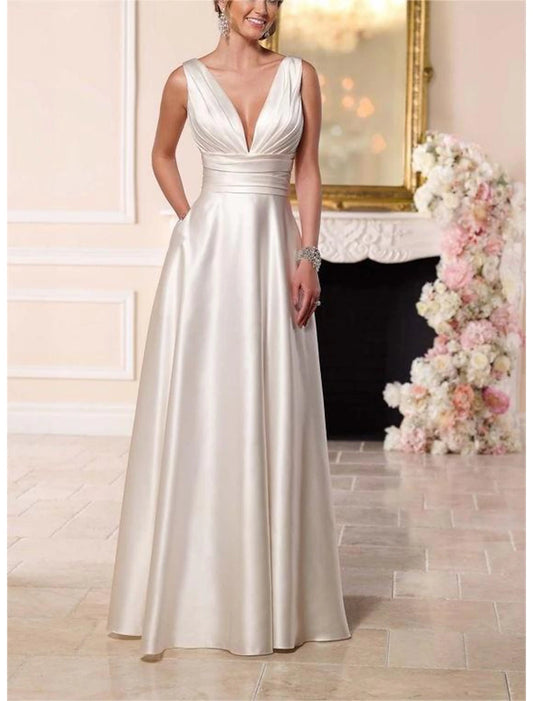 Beach Casual Formal Wedding Dresses A-Line V Neck Sleeveless Floor Length Taffeta Bridal Gowns With Pleats Ruched