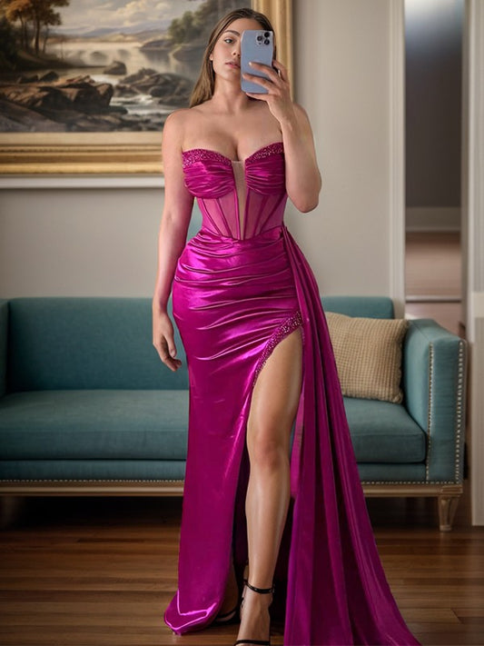 Sweet and elegant silk tight fitting corset with off shoulder and floor length prom dress