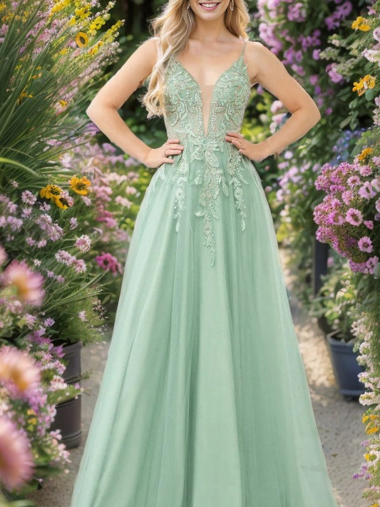 Elegant A-line/Princess sheer decal V-neck sleeveless and floor length evening dress