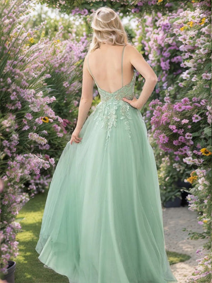 Elegant A-line/Princess sheer decal V-neck sleeveless and floor length evening dress
